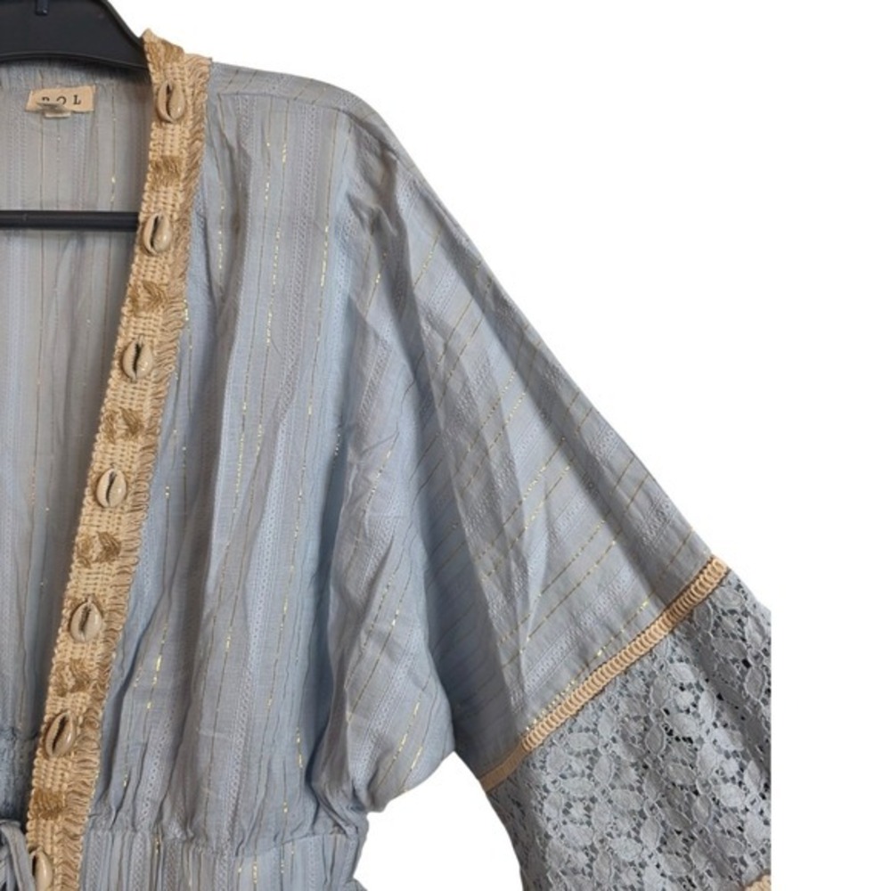 POL Cardigan Women Large Blue Gold Metallic Lace Shell Trim Boho SMQG2 - Picture 6 of 17